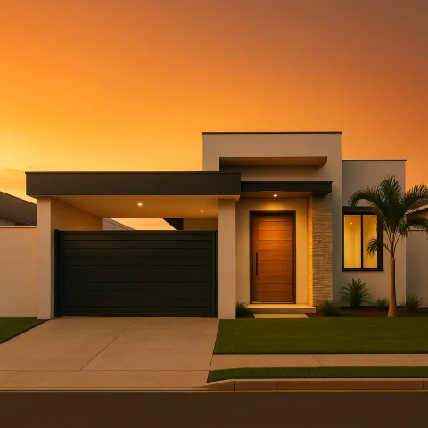 Casa moderna com fachada minimalista ao entardecer, iluminada por luzes externas e c&eacute;u alaranjado.